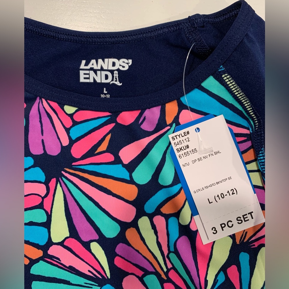 Lands End Girls Rash guard & Bikini Top, Size L (10-12) Deep Sea Navy Fun Shells
